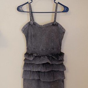 Black Acid Wash Denim Ruffle Dress